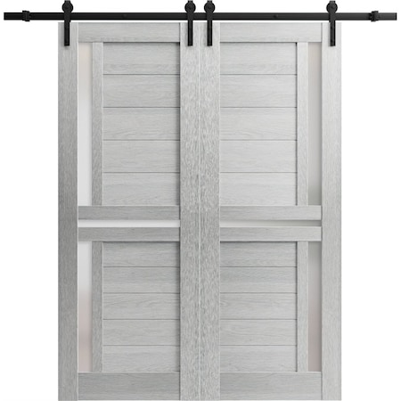 Sartodoors Sturdy Dbl Barn Door 84 x 80in W/, Light Grey Oak W/ Frosted Glass, 14FT Rail Hangers Heavy Set VEREGIO7288DB-OAK-84